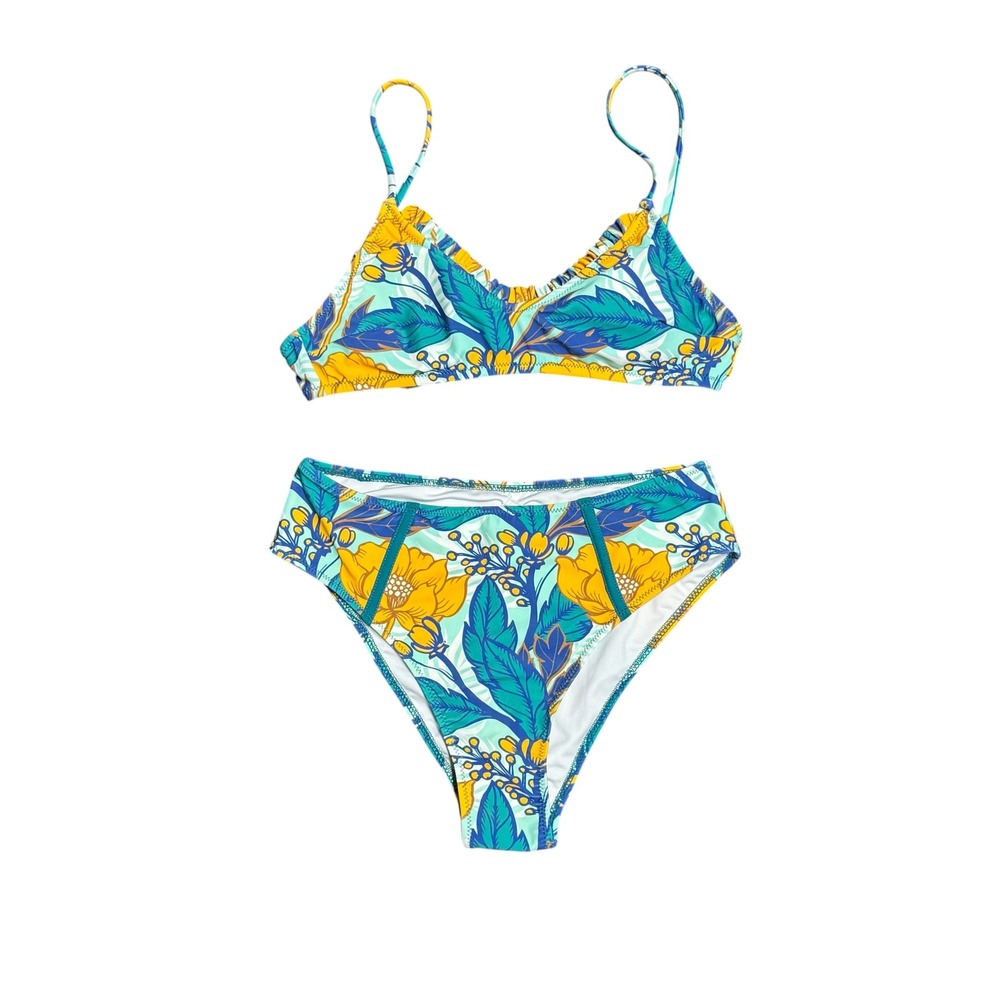 Cuphe Floral Bikini NWT S Teal Yellow Tropical Ruffle High Waist Swimsuit Beach
